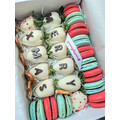 Macarons + Chocolate Dipped Strawberries Gift Box in Green, Red & White
